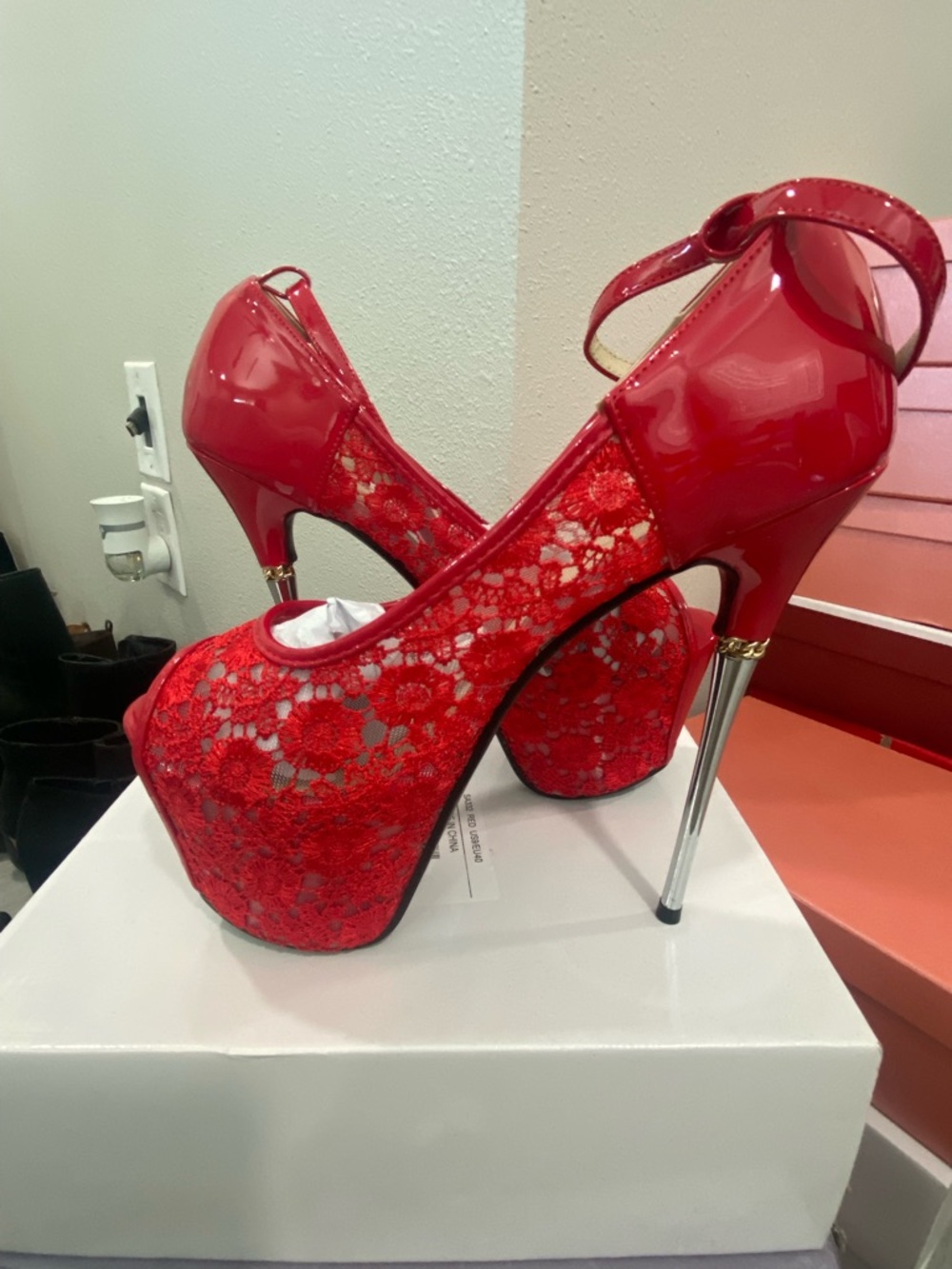 Red Lace Platform Stiletto Heels with Ankle Strap